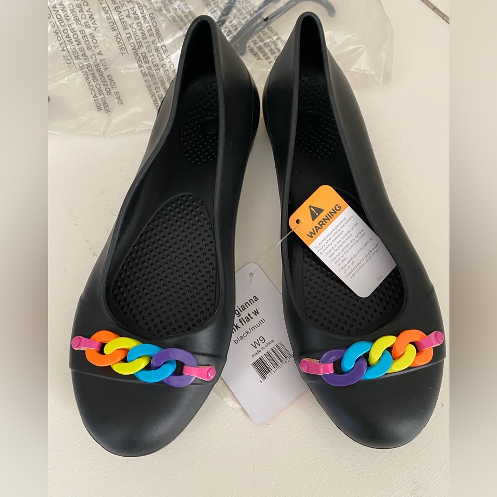 CROCS Black Slip-On Flats with Rainbow Chain Trim